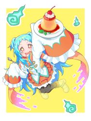 Rule 34 | + +, 1girl, arm up, black legwear, blue hair, boots, drooling, from above, highres, holding, holding plate, holding spoon, jacket, layered skirt, long hair, miyako (princess connect!), mouth drool, orange skirt, plate, princess connect!, puddle, red eyes, scarf, skirt, sleeves past fingers, sleeves past wrists, solo, spoon, v-shaped eyebrows, white jacket, yazawa happyaro