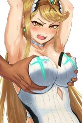 Rule 34 | 1boy, 1girl, armpits, arms up, blonde hair, breasts, circlet, covered erect nipples, dark-skinned male, dark skin, earrings, grabbing, grabbing another&#039;s breast, grabbing from behind, hetero, jewelry, large breasts, long hair, mythra (radiant beach) (xenoblade), mythra (xenoblade), nebitora, netorare, one-piece swimsuit, open mouth, simple background, swimsuit, teeth, textless version, upper body, upper teeth only, v-shaped eyebrows, very long hair, white background, white one-piece swimsuit, xenoblade chronicles (series), xenoblade chronicles 2, yellow eyes