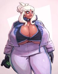 Rule 34 | 1girl, aries (thedansome), blonde hair, breasts, choker, cleavage, dark-skinned female, dark skin, device, gigantic breasts, gloves, highres, huge breasts, jacket, original, pants, pink eyes, plump, ringlets, serious, sidelocks, solo, thedansome, thick thighs, thighs, underboob, updo