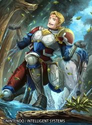 Rule 34 | 1boy, armor, armored boots, arthur (fire emblem fates), blonde hair, blue eyes, boots, company name, day, fire emblem, fire emblem cipher, fire emblem fates, gloves, horse, injury, leaf, male focus, nekobayashi, nintendo, official art, open mouth, sky, solo, teeth, tree, water