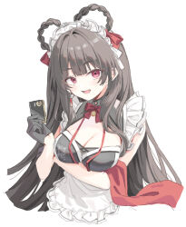 Rule 34 | 1girl, alternate costume, black gloves, breasts, brown hair, cleavage, cropped torso, dress, gloves, goddess of victory: nikke, hair intakes, large breasts, long hair, looking at viewer, maid, maid headdress, open mouth, red eyes, simple background, smile, solo, upper body, white background, white dress, yan (nikke), yatanukikey