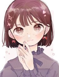 Rule 34 | 1girl, amt sn, blush, bob cut, bow, bow earrings, brown eyes, brown hair, commentary, dangle earrings, earrings, facial mark, frilled shirt, frills, frown, head tilt, heart, heart facial mark, highres, jewelry, long sleeves, looking at viewer, original, own hands together, shirt, short hair, solo, symbol-only commentary, upper body