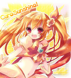 Rule 34 | 10s, 1girl, bad id, bad pixiv id, blonde hair, bow, brooch, character name, cure sunshine, hair ribbon, heart, heart brooch, heartcatch precure!, kosuzume, long hair, magical girl, midriff, myoudouin itsuki, navel, open mouth, orange bow, orange theme, precure, red eyes, ribbon, solo, twintails, very long hair, yellow background