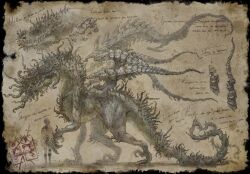 Rule 34 | black border, bone, border, claws, dragon, from side, full body, gibberish text, highres, horns, kuribatake, material growth, monster, monster focus, multiple horns, multiple views, no humans, original, paper texture, profile, sharp teeth, spikes, tail, teeth, yellow background