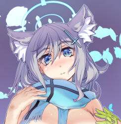 Rule 34 | 1girl, animal ear fluff, animal ears, blue archive, blue eyes, blue halo, blue scarf, breasts, bright pupils, cross hair ornament, gloves, green gloves, hair ornament, halo, highres, hisahiko, large breasts, looking at viewer, mismatched pupils, revision, scarf, shiroko (blue archive), solo, upper body, white pupils, wolf ears