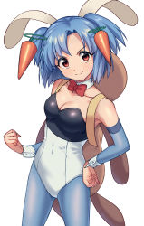 Rule 34 | 1girl, animal bag, animal ears, asada hachi, backpack, bag, blue hair, blue pantyhose, blush, bow, bowtie, breasts, carrot hair ornament, cleavage, clenched hand, closed mouth, commentary request, covered navel, cowboy shot, detached collar, detached sleeves, fake animal ears, food-themed hair ornament, hair ornament, hand on own hip, highres, leotard, looking at viewer, mahou yuugi, medium breasts, pantyhose, parted bangs, pipin (mahou yuugi), playboy bunny, rabbit bag, rabbit ears, red bow, red eyes, short hair, simple background, smile, solo, standing, strapless, strapless leotard, twitter username, two-tone leotard, two side up, white background, wrist cuffs