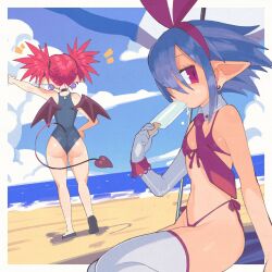 Rule 34 | 2girls, arm support, arm up, ass, bare shoulders, beach, bikini, black choker, black footwear, blue hair, blue one-piece swimsuit, border, bow, choker, cloud, cloudy sky, day, demon tail, demon wings, detached collar, disgaea, dutch angle, earrings, eating, elbow gloves, etna (disgaea), faux traditional media, feet out of frame, flat chest, food, from behind, full body, gloves, groin, hair bow, hair over one eye, hairband, hand on own hip, hand up, highleg, highleg bikini, highres, holding, holding food, holding popsicle, index finger raised, inkerton-kun, jewelry, long hair, looking at viewer, medium hair, multiple girls, navel, necktie, one-piece swimsuit, one eye covered, outdoors, outside border, pearl earrings, pleinair, pointing, pointing forward, pointy ears, popsicle, purple tail, purple wings, red bikini, red bow, red eyes, red hair, red hairband, red necktie, sandals, side-tie bikini bottom, sidelocks, single glove, single wrist cuff, sitting, skindentation, sky, straight hair, swimsuit, tail, thighhighs, twintails, wedgie, white border, white thighhighs, wings, wrist cuffs