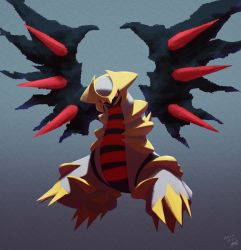 Rule 34 | black sclera, claws, colored sclera, commentary request, creatures (company), dated, dragon, dragon wings, ewokakukaede, from below, full body, game freak, gen 4 pokemon, giratina, giratina (altered), glowing, glowing eyes, grey background, highres, legendary pokemon, looking at viewer, nintendo, no humans, pokemon, pokemon (creature), red eyes, signature, solo, spikes, wings