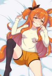 1girl absurdres alternate_costume animal_ears bed blush breasts casual commentary_request hair_between_eyes hair_ornament highres horse_ears horse_girl horse_tail jewelry looking_at_viewer mayano_top_gun_(umamusume) necklace orange_eyes shiodanx shorts small_breasts smile solo spread_legs tail thighhighs umamusume