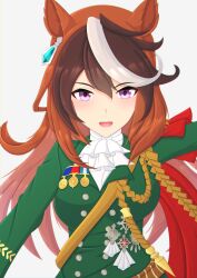 Rule 34 | 1girl, 2-butani, absurdres, animal ears, ascot, brown hair, cape, commentary request, crossed arms, epaulettes, green shirt, hair between eyes, highres, horse ears, horse girl, light blush, long hair, long sleeves, looking at viewer, military uniform, multicolored hair, open mouth, purple eyes, red cape, shirt, side cape, simple background, single epaulette, smile, solo, streaked hair, symboli rudolf (umamusume), umamusume, uniform, upper body, very long hair, white ascot, white background, white hair