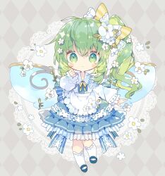 Rule 34 | 1girl, adapted costume, apron, argyle, argyle background, argyle clothes, blue dress, blush, closed mouth, daiyousei, doily, dress, fairy, fairy wings, frilled apron, frilled dress, frills, full body, green eyes, green hair, hair between eyes, highres, kneehighs, long hair, long sleeves, looking at viewer, nikorashi-ka, side ponytail, socks, solo, touhou, white apron, white socks, wings