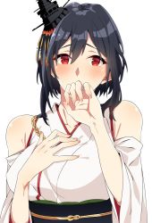 Rule 34 | 1girl, asakawa (outeq), black hair, detached sleeves, hair ornament, jewelry, kantai collection, looking at viewer, nontraditional miko, red eyes, ring, short hair, simple background, solo, upper body, wedding band, white background, wide sleeves, yamashiro (kancolle)