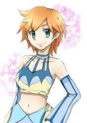 Rule 34 | 1girl, bare shoulders, breasts, closed mouth, creatures (company), detached sleeves, earrings, eyelashes, game freak, green eyes, highres, jewelry, looking at viewer, midriff, misty (pokemon), misty (sygna suit) (pokemon), naga penguin09, navel, nintendo, official alternate costume, orange hair, pokemon, pokemon masters ex, shirt, short hair, skirt, smile, solo