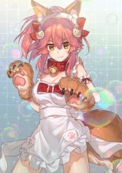 Rule 34 | 1girl, :3, animal ears, animal hands, apron, arm garter, bad id, bad pixiv id, bell, blush, breasts, chocoan, cleavage, collar, fate/grand order, fate (series), fox ears, fox tail, gloves, hair ornament, looking at viewer, maid headdress, naked apron, paw gloves, pink hair, short hair, solo, tail, tamamo (fate), tamamo cat (fate), tamamo cat (third ascension) (fate), tamamo no mae (fate/extra), yellow eyes