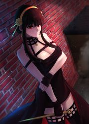 Rule 34 | 1girl, alley, arm under breasts, bare shoulders, black dress, black gloves, black hair, breasts, brick wall, cleavage, dagger, dress, dumpster, earrings, fingerless gloves, flower, gloves, gold earrings, gold hairband, hair flower, hair ornament, hairband, highres, holding, holding dagger, holding knife, holding own arm, holding weapon, jewelry, knife, large breasts, light smile, looking at viewer, off-shoulder dress, off shoulder, outdoors, red eyes, reverse grip, ruraji, solo, spikes, spy x family, two-sided dress, two-sided fabric, weapon, yor briar