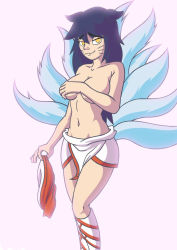 Rule 34 | 1girl, ahri (league of legends), animal ears, black hair, blue hair, breasts, covering privates, covering breasts, fox ears, fox tail, covering breasts, highres, league of legends, long hair, looking at viewer, navel, smile, solo, standing, tail, topless, yellow eyes