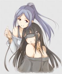 Rule 34 | 10s, 2girls, bare shoulders, black shirt, blindfold, blue hair, blue shirt, breasts, brown hair, cleavage, collar, collarbone, commentary request, grey background, grin, hand on another&#039;s cheek, hand on another&#039;s face, ken (kenta1922), kurosawa dia, leash, long hair, looking at viewer, love live!, love live! sunshine!!, matsuura kanan, medium breasts, mole, mole under mouth, multiple girls, off-shoulder shirt, off shoulder, parted lips, ponytail, purple eyes, shirt, simple background, smile, yuri