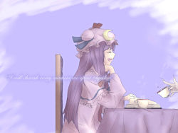 Rule 34 | 2girls, book, chair, crescent moon, cup, english text, closed eyes, fingernails, hair ribbon, hat, long fingernails, long hair, long sleeves, mob cap, moon, multiple girls, open book, open mouth, patchouli knowledge, purple background, purple hair, reading, remilia scarlet, ribbon, sharp fingernails, sitting, smile, spilling, table, tea, teacup, touhou, worthlessvalor