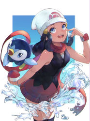 Rule 34 | 1girl, :d, beanie, black shirt, black thighhighs, blue background, blue eyes, blue hair, breasts, commentary request, creatures (company), dawn (pokemon), game freak, gen 4 pokemon, hair ornament, hairclip, hand up, hat, holding, holding poke ball, long hair, looking at viewer, nintendo, open mouth, orr (kkkkbbbbc), over-kneehighs, pink skirt, piplup, poke ball, pokemon, pokemon (anime), pokemon (creature), pokemon dppt (anime), red scarf, scarf, shirt, skirt, sleeveless, sleeveless shirt, small breasts, smile, solo, teeth, thighhighs, upper teeth only, water, white background, white hat