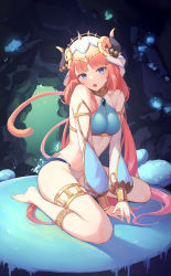 Rule 34 | 1girl, airool, bare legs, bare shoulders, barefoot, blue eyes, blue nails, blush, breasts, brooch, cat tail, circlet, clothing cutout, crop top, detached sleeves, fangs, full body, genshin impact, gold trim, harem outfit, highres, horns, jewelry, kemonomimi mode, long hair, long sleeves, looking at viewer, low twintails, medium breasts, nail polish, neck ring, nilou (genshin impact), open mouth, panties, parted bangs, puffy long sleeves, puffy sleeves, red hair, red tail, simple background, sitting, solo, stomach, string panties, tail, thighlet, thighs, twintails, underwear, veil, very long hair, wariza, white panties