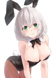 Rule 34 | 1girl, all fours, animal ears, bare shoulders, bent over, black bow, black bowtie, black leotard, black pantyhose, blush, bow, bowtie, braid, breasts, bursting breasts, cleavage, closed mouth, detached collar, fake animal ears, foreshortening, green eyes, grey hair, highres, hololive, large breasts, leotard, looking at viewer, medium hair, mole, mole on breast, pantyhose, playboy bunny, rabbit ears, rabbit tail, shirogane noel, side braid, skindentation, solo, strapless, strapless leotard, sweatdrop, tail, tenmon (tenmon0715), traditional bowtie, undersized breast cup, virtual youtuber, wavy hair, wing collar