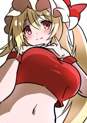 Rule 34 | 1girl, absurdres, bare shoulders, bow, breasts, commentary, crop top, flandre scarlet, from below, hands on own chin, hands up, hat, hat bow, highres, kamu kotan, looking at viewer, medium breasts, medium hair, mob cap, navel, red bow, red eyes, shaded face, simple background, solo, stomach, touhou, white background, white hat, wristband