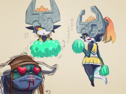Rule 34 | 1boy, 1girl, :o, arrow (symbol), ass, blood, blush, brown background, brown hair, cheerleader, fang, floating, from behind, heart, heart-shaped pupils, helmet, highres, holding, holding pom poms, looking back, midna, moblin, multiple views, nintendo, nosebleed, open mouth, pointy ears, pom pom (cheerleading), pom poms, ponytail, saburou (jako), sideways glance, simple background, sketch, skirt, symbol-shaped pupils, the legend of zelda, the legend of zelda: twilight princess, translation request