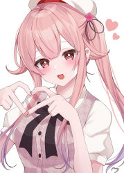 Rule 34 | 1girl, absurdres, beret, black ribbon, blush, buttons, dress, gradient hair, hair between eyes, hair ribbon, harusame (kancolle), hat, heart, heart hands, highres, kantai collection, long hair, multicolored hair, official alternate costume, open mouth, pink dress, pink eyes, pink hair, puffy short sleeves, puffy sleeves, ribbon, short sleeves, side ponytail, smile, solo, upper body, white hat, yoshino (mfmfpng)
