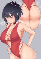 Rule 34 | 1girl, ass, bare shoulders, bikini, black hair, blush, breasts, casual one-piece swimsuit, cleavage, collarbone, cross-laced clothes, fujibayashi sheena, grey background, hibanachiku, highleg, highleg swimsuit, highres, looking at viewer, multiple views, one-piece swimsuit, orange eyes, ponytail, steaming body, swimsuit, tales of (series), tales of symphonia