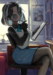 Rule 34 | 1girl, absurdres, black gloves, black hair, black pantyhose, black shirt, blue bow, blue bowtie, blue eyes, blue hair, blue skirt, bow, bowtie, breasts, chair, clipboard, closed mouth, collared shirt, commentary request, crossed legs, expressionless, feet out of frame, glasses, gloves, highres, holding, holding clipboard, holding pen, indoors, medium bangs, medium breasts, multicolored hair, nanashi inc., office chair, office lady, oura rukako, oura rukako (1st costume), pantyhose, parted bangs, pen, pencil skirt, pointy ears, reading, rimless eyewear, round eyewear, shelf, shirt, short hair, sitting, skirt, solo, swivel chair, vest, virtual youtuber, wasabifu, white hair, white vest