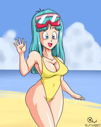 Rule 34 | 1girl, bare shoulders, blindstash, blue eyes, blue hair, blue sky, bouncing breasts, breasts, casual one-piece swimsuit, cleavage, cloud, curvy, derivative work, diving mask, diving mask on head, dragon ball, dragonball z, goggles, goggles on head, happy, highleg, highleg swimsuit, highres, large breasts, long hair, looking at viewer, maron (dragon ball), maron redraw challenge (meme), meme, meme attire, one-piece swimsuit, salute, screenshot redraw, shiny skin, sky, smile, swimsuit, water, wide hips, yellow one-piece swimsuit