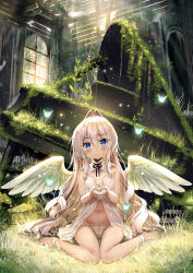 Rule 34 | 1girl, akabane (zebrasmise), antenna hair, babydoll, bare legs, bare shoulders, barefoot, black ribbon, blue eyes, blush, breasts, closed mouth, commentary request, day, feathered wings, grass, hair between eyes, head tilt, indoors, instrument, long hair, moss, neck ribbon, original, own hands together, panties, piano, ribbon, ruins, see-through, silver hair, sitting, small breasts, smile, solo, sunlight, underwear, very long hair, wariza, water, white babydoll, white panties, white wings, window, wings