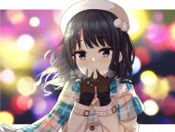 Rule 34 | 1girl, amidada, beret, black hair, blue eyes, blue scarf, blurry, blurry background, blush, bokeh, breath, brown gloves, coat, depth of field, floating hair, gloves, hands up, hat, highres, idolmaster, idolmaster shiny colors, kazano hiori, long hair, long sleeves, looking at viewer, mole, mole under mouth, parted lips, plaid, plaid scarf, pom pom (clothes), scarf, sidelocks, sleeves past wrists, solo, upper body, white coat, white hat, winter, winter clothes