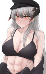 Rule 34 | 1girl, 1other, abs, arknights, bare shoulders, black bra, blush, bra, breasts, commentary request, grey hair, highres, horns, large breasts, long hair, looking at viewer, namikare, navel, off shoulder, saria (arknights), solo focus, stomach, underwear, upper body, very long hair, yellow eyes