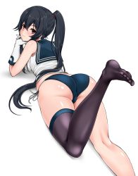 Rule 34 | 1girl, ass, bad id, bad pixiv id, bare shoulders, barefoot, bikini, bikini bottom only, bikini pull, black hair, black thighhighs, blue bikini, blush, breasts, closed eyes, clothes pull, elbow gloves, feet, from behind, from side, gloves, hair between eyes, hair tie, highres, interlocked fingers, kantai collection, leg up, long hair, looking at viewer, lying, medium breasts, no pants, no shoes, on stomach, own hands together, ponytail, red eyes, sailor collar, scrunchie, shadow, shiny skin, shirt, side-tie bikini bottom, sidelocks, simple background, single thighhigh, sleeveless, sleeveless shirt, smile, solo, swimsuit, the pose, thighhighs, trefoil, very long hair, white background, white gloves, white shirt, yahagi (kancolle), z5987
