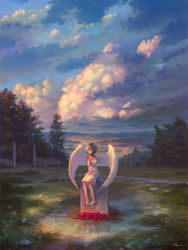 Rule 34 | 1girl, angel, angel wings, barefoot, black hair, blue sky, bob cut, cloud, dress, feathered wings, feel (nasitaki), fence, flower, foot dangle, hairband, hand up, holding, holding flower, horizon, long sleeves, looking away, original, outdoors, reflection, sad, scenery, short hair, signature, sitting, sky, tombstone, tree, white dress, white wings, wings