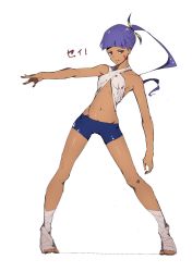 Rule 34 | 1girl, alternate costume, bare shoulders, bike shorts, commentary request, dark-skinned female, dark skin, facial mark, fate/grand order, fate (series), full body, highres, jikatarou, long hair, looking at viewer, midriff, navel, nitocris (fate), open mouth, ponytail, purple eyes, purple hair, smile, solo, standing, toes, translation request, white background
