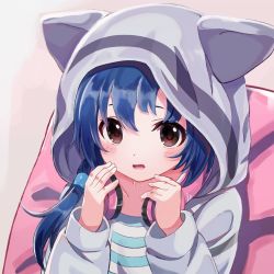 Rule 34 | 1girl, absurdres, animal ears, animal hood, bad id, bad pixiv id, blue hair, blue shirt, blush, brown eyes, cat ears, character request, collarbone, commentary request, copyright request, eyebrows hidden by hair, fake animal ears, grey hoodie, hair between eyes, hands on headphones, hands up, headphones, headphones around neck, highres, hood, hood up, hoodie, long hair, long sleeves, looking at viewer, open mouth, pillow, pink background, ponytail, shirt, simple background, sleeves past wrists, solo, striped clothes, striped shirt, tirudo29, two-tone background, two-tone shirt, upper body, white background, white shirt