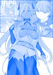 Rule 34 | 3girls, ai-chan (tawawa), belt, blue theme, boots, braid, breasts, cape, cleavage, cleavage cutout, clothing cutout, commentary request, dark-skinned female, dark elf, dark skin, elf, getsuyoubi no tawawa, highres, himura kiseki, horns, large breasts, long hair, long pointy ears, multiple girls, panties, parted lips, pointy ears, revealing clothes, scar, short hair, side braid, sword, thigh boots, underwear, weapon, white hair, white panties