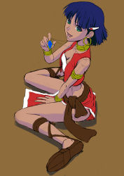 Rule 34 | 1990s (style), 1girl, ankle lace-up, armband, bandeau, bandeau bikini, bare shoulders, blue hair, bracelet, breasts, cleavage, cross-laced footwear, dark skin, dark-skinned female, earrings, from above, fushigi no umi no nadia, green eyes, hair ornament, hairclip, jewelry, loincloth, looking up, lotz, midriff, nadia la arwall, neck ring, necklace, pelvic curtain, sandals, short hair, sitting, smile, solo, strapless, tube top, vest