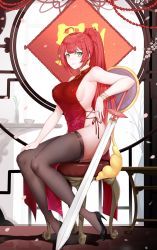 Rule 34 | 1girl, armpits, bare arms, bare shoulders, black thighhighs, breasts, china dress, chinese clothes, chucolala, dress, green eyes, high heels, highres, hiseki erio, long hair, looking at viewer, macrazy, ponytail, red hair, smile, solo, sword, thighhighs, virtual youtuber, weapon