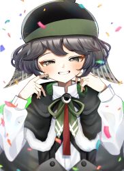 Rule 34 | 1boy, a c bb, black cape, black hair, black hat, blush, brown eyes, cape, chinese commentary, commentary request, confetti, eye of senri, fur-trimmed cape, fur trim, green ribbon, grin, hands up, hat, highres, indie virtual youtuber, long sleeves, looking at viewer, male focus, neck ribbon, ribbon, shirt, short hair, simple background, smile, solo, tabinoki kanae, tabinoki kanae (2nd costume), two-sided cape, two-sided fabric, upper body, virtual youtuber, white background, white shirt