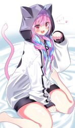 Rule 34 | 1girl, :d, animal ears, animal hood, barefoot, bed sheet, blue hair, blunt bangs, braid, cat ears, cat tail, eyelashes, feet out of frame, highres, hololive, hood, hood up, hoodie, legs, light blue hair, long hair, looking at viewer, low twin braids, madai (mappy), minato aqua, multicolored hair, open mouth, paw pose, paw print, purple eyes, red eyes, sitting, sleeves past wrists, smile, solo, streaked hair, tail, teeth, thighs, twin braids, upper teeth only, virtual youtuber, wariza, white hoodie