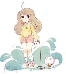 Rule 34 | 1girl, ahoge, arms at sides, bee, bee (bee and puppycat), bee and puppycat, bell, bow, brown hair, bug, cat, eyelashes, frown, full body, insect, jingle bell, kneehighs, knees together feet apart, leash, long hair, looking at another, looking down, michelle mantale, print shirt, puppycat, shirt, shorts, signature, socks, swept bangs, white background