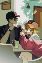 Rule 34 | 1boy, 1girl, absurdres, akai shuuichi, black headwear, black shirt, brown hair, chair, closed mouth, cup, disposable cup, door, from side, frown, grey shirt, haibara ai, highres, indoors, jacket, meitantei conan, off shoulder, open clothes, open shirt, parted lips, pe902, pink jacket, shirt, short hair, sitting, sunglasses, table, teeth, watch, wristwatch