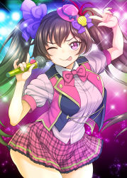 Rule 34 | 1girl, alternate costume, bow, brown hair, hair bow, hat, himekaidou hatate, idol, licking lips, long hair, microphone, mini hat, one eye closed, open clothes, open vest, puffy short sleeves, puffy sleeves, purple eyes, shirt, short sleeves, skirt, smile, solo, stage lights, tongue, tongue out, touhou, uousa-ou, very long hair, vest