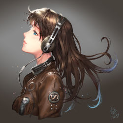 Rule 34 | 1girl, blue eyes, brown hair, cable, dated, headphones, highres, jacket, leather, leather jacket, lips, logo, long hair, nose, original, product placement, profile, sennheiser, signature, solo, upper body, yi lee