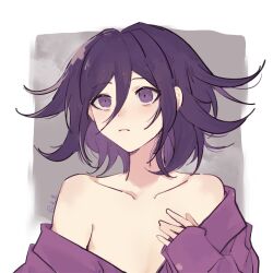 Rule 34 | 1boy, artist name, borrowed clothes, brown background, closed mouth, collarbone, flipped hair, frown, hair between eyes, hand up, highres, jacket, long sleeves, male focus, medium hair, momota kaito, official alternate costume, oma kokichi, pink jacket, purple eyes, purple hair, sleeves past wrists, solo, white background, wunai (kokichi79940542)