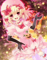 Rule 34 | 1girl, blonde hair, bow, dress, elbow gloves, fang, frills, gloves, hair bow, hair ornament, hairclip, hat, jack-o&#039;-lantern, jewelry, lambdadelta, necklace, open mouth, pink hat, pumpkin, red eyes, ribbon, runako, short hair, smile, solo, striped clothes, striped thighhighs, thighhighs, umineko no naku koro ni