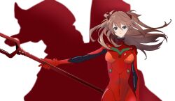 Rule 34 | 1girl, artist request, bodysuit, breasts, brown hair, eva 02, expressionless, floating hair, highres, holding, holding weapon, interface headset, lance of longinus (evangelion), long hair, looking at viewer, mecha, neon genesis evangelion, plugsuit, polearm, red bodysuit, robot, shiny clothes, silhouette, simple background, solo, souryuu asuka langley, standing, twintails, two side up, weapon, wide hips
